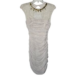 Bebe Simone Tulle Overlay Rhinestone Sequins Back Zip Fitted Champagne Dress XXS